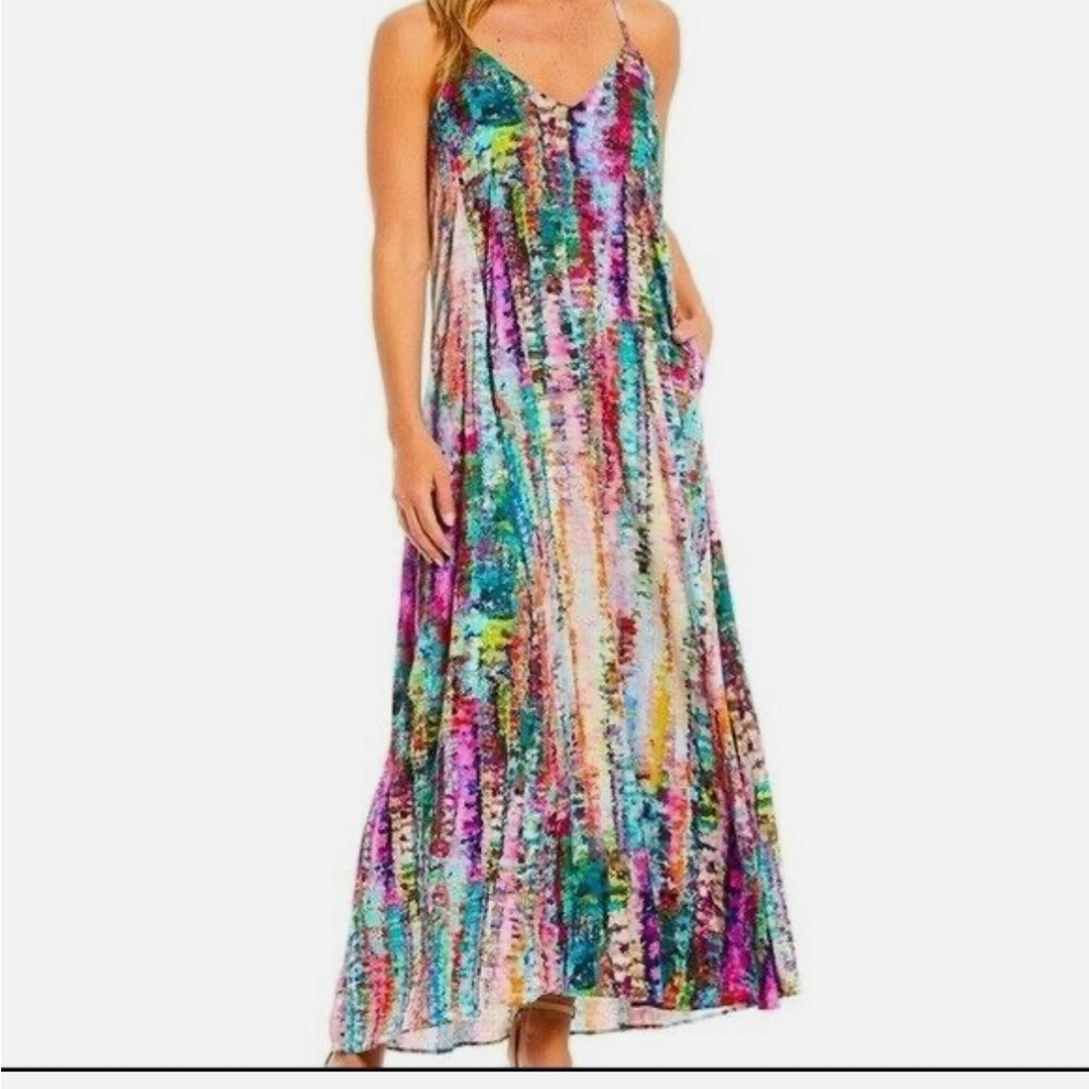 Nicole Miller Blue and Purple Tiered Ruffled Maxi Sundress